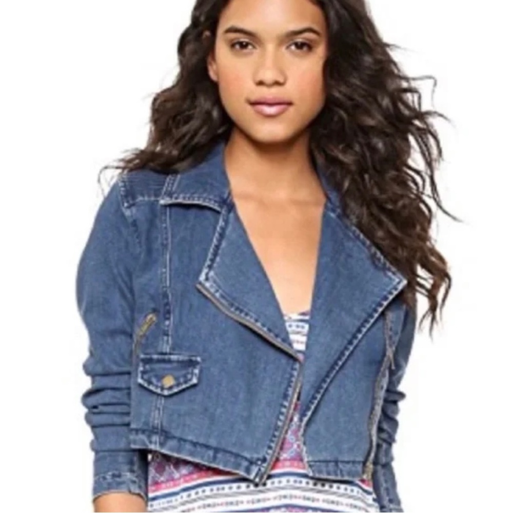 Free People Cropped Moto Denim Jacket